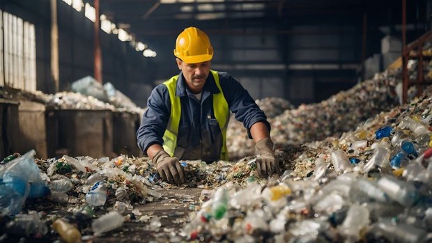 A worker sorting plastic waste, symbolizing circular economy principles, chemical distribution, and universal recycling technologies.