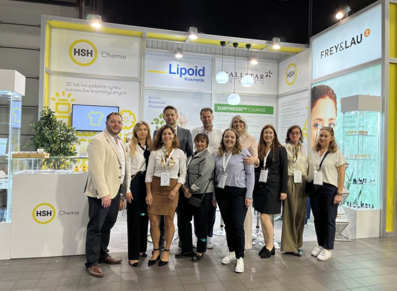 HSH Chemie team with suppliers at HPCI 2024 booth showcasing personal care ingredients, hypoallergenic fragrances, and home care solutions.