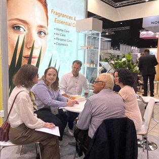 Frey+Lau at HSH Chemie's HPCI 2024 booth, sharing samples and discussing personal care ingredients and sustainable solutions.